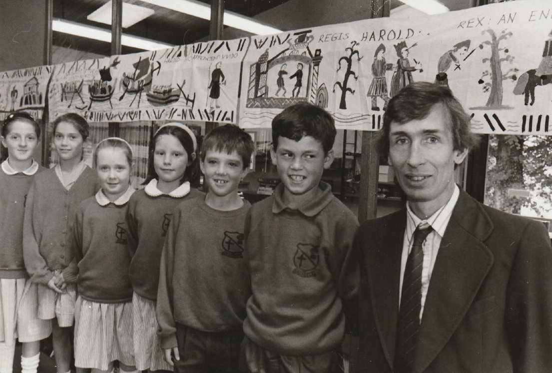 CREATE: Head Colin Milner with some of the pupils of Grange C of E Primary School who created a version of the Bayeux Tapestry in 1991 (from left): Maeve Atkinson, Jessica Robson, Claire Webster, Wendy Saunders, Chris Leahy and David Cowperthwaite